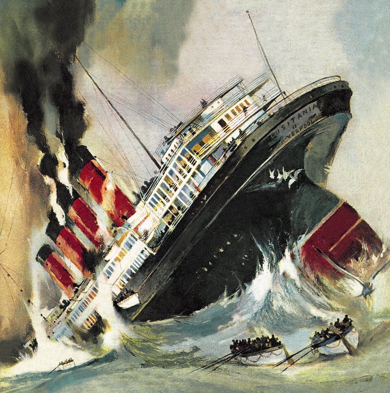 Lusitania-aluksen uppoaminen toukokuussa 1915 (litografia). tekijältä English School