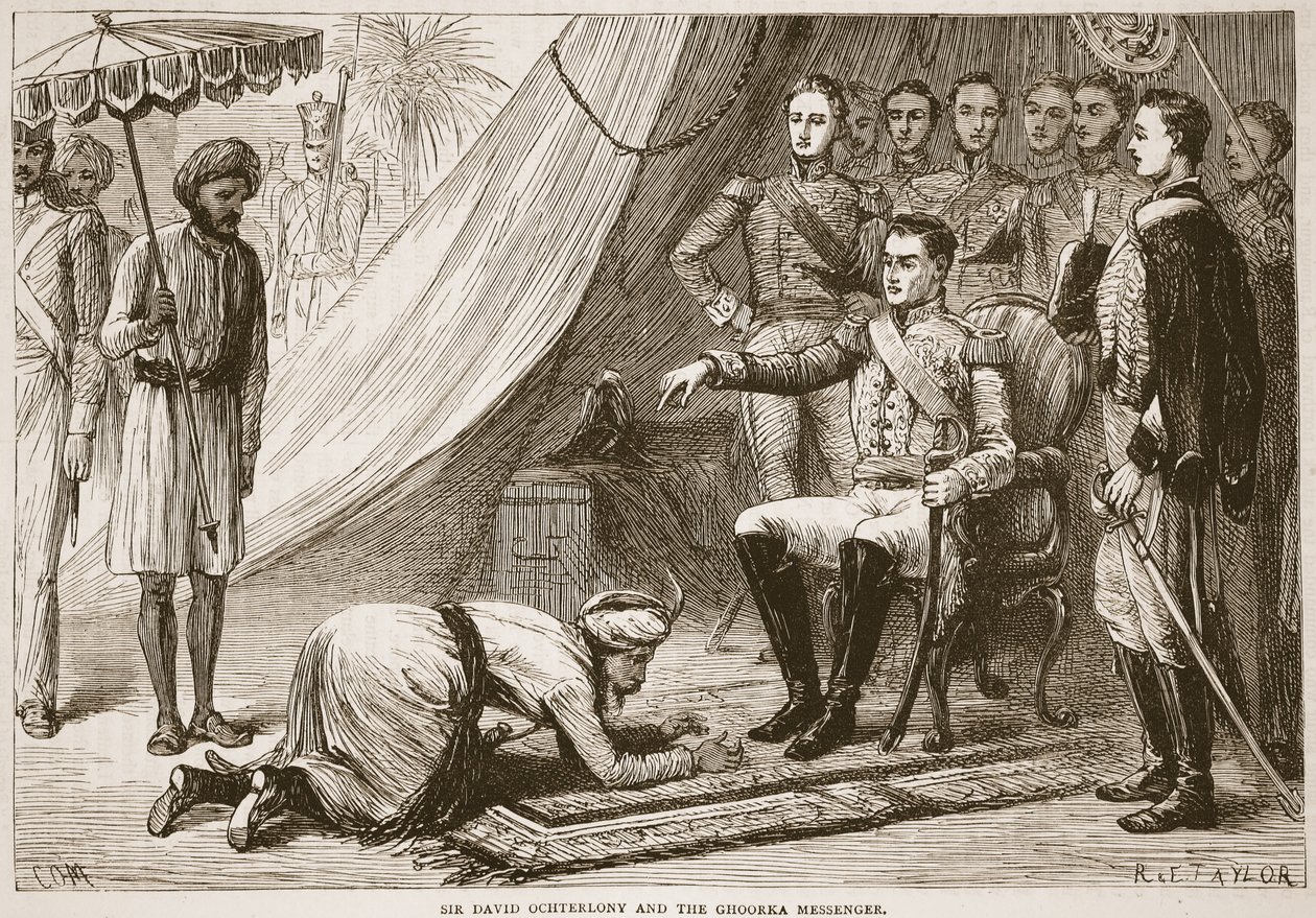 Sir David Ochterlony ja Ghoorka lähettiläs, kuvitus James Grantin Cassells Illustrated History of Indiasta, pubi. 1879 tekijältä English School