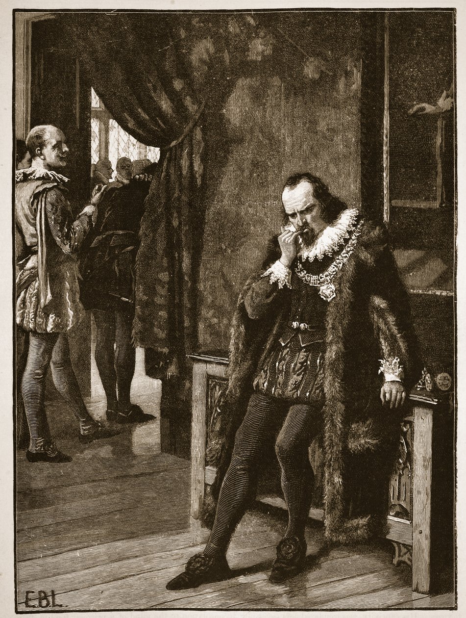 Sir Francis Bacon odottaa Buckinghamin yleisöä, kuvitus Cassells Illustrated History of Englandista (seepiakuva) tekijältä English School