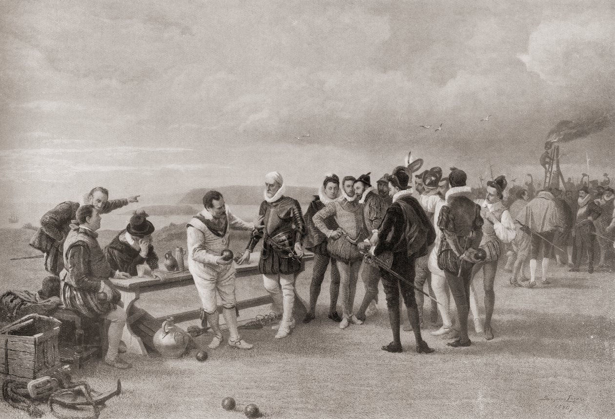 Sir Francis Drake pelaa kulhoja espanjalaisen Armadan kanssa Plymouth Hoessa Englannissa vuonna 1588. tekijältä English School
