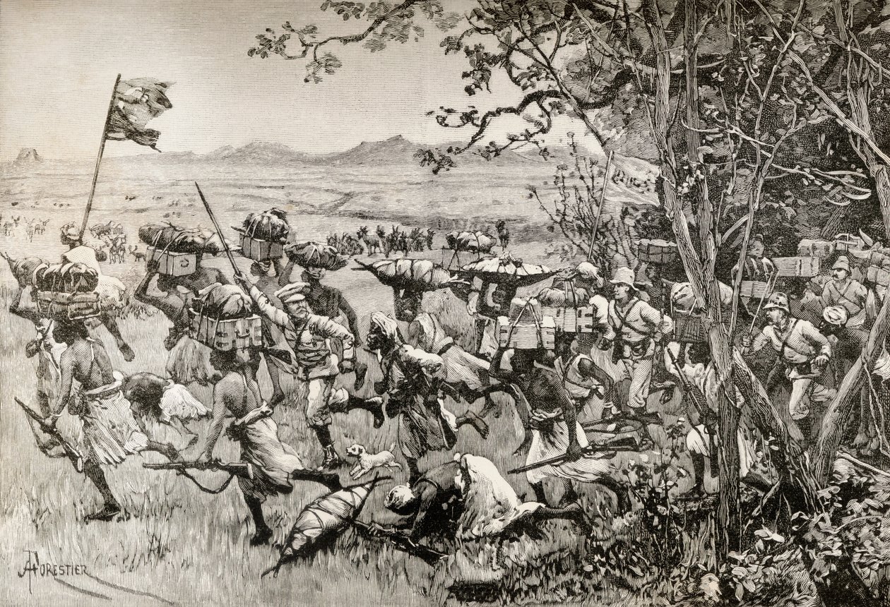 Sir Henry Morton Stanley ja hänen miehensä pääsevät vihdoin metsästä nurmikolle vuonna 1887 Emin Pashan Afrikkaan suuntautuneella apuretkellä. tekijältä English School