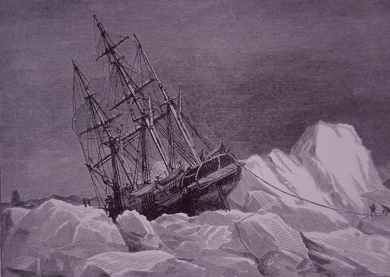 Sir John Franklin, retkikunta vuonna 1845 etsimään Luoteisväylää, jäähän juuttunut alus Terror, 1800-luvun loppu (kaiverrus) tekijältä English School