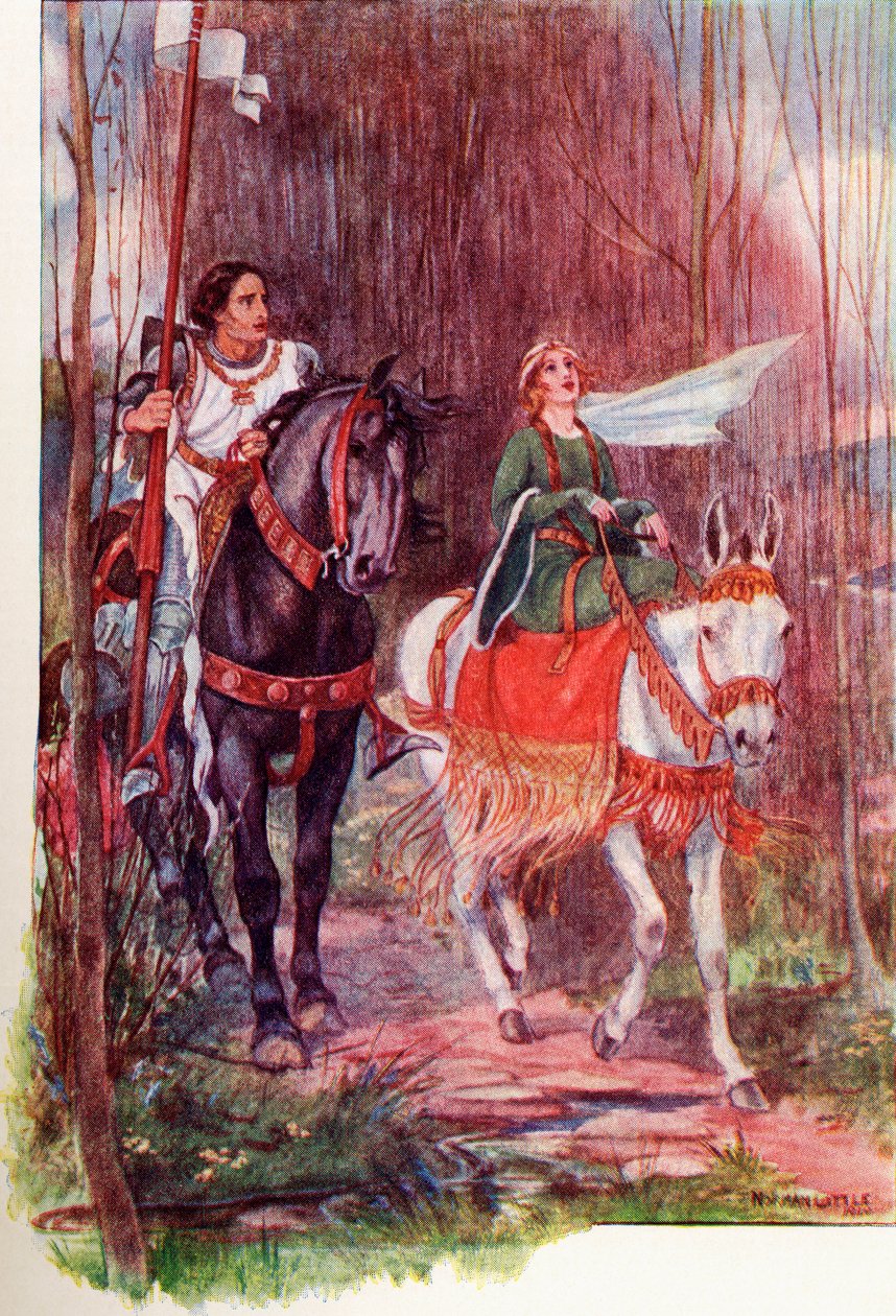 Sir Lancelot ja kuningatar Guinevere. Värillinen kuvitus kirjasta The Gateway to Tennyson, joka julkaistiin vuonna 1910. tekijältä English School