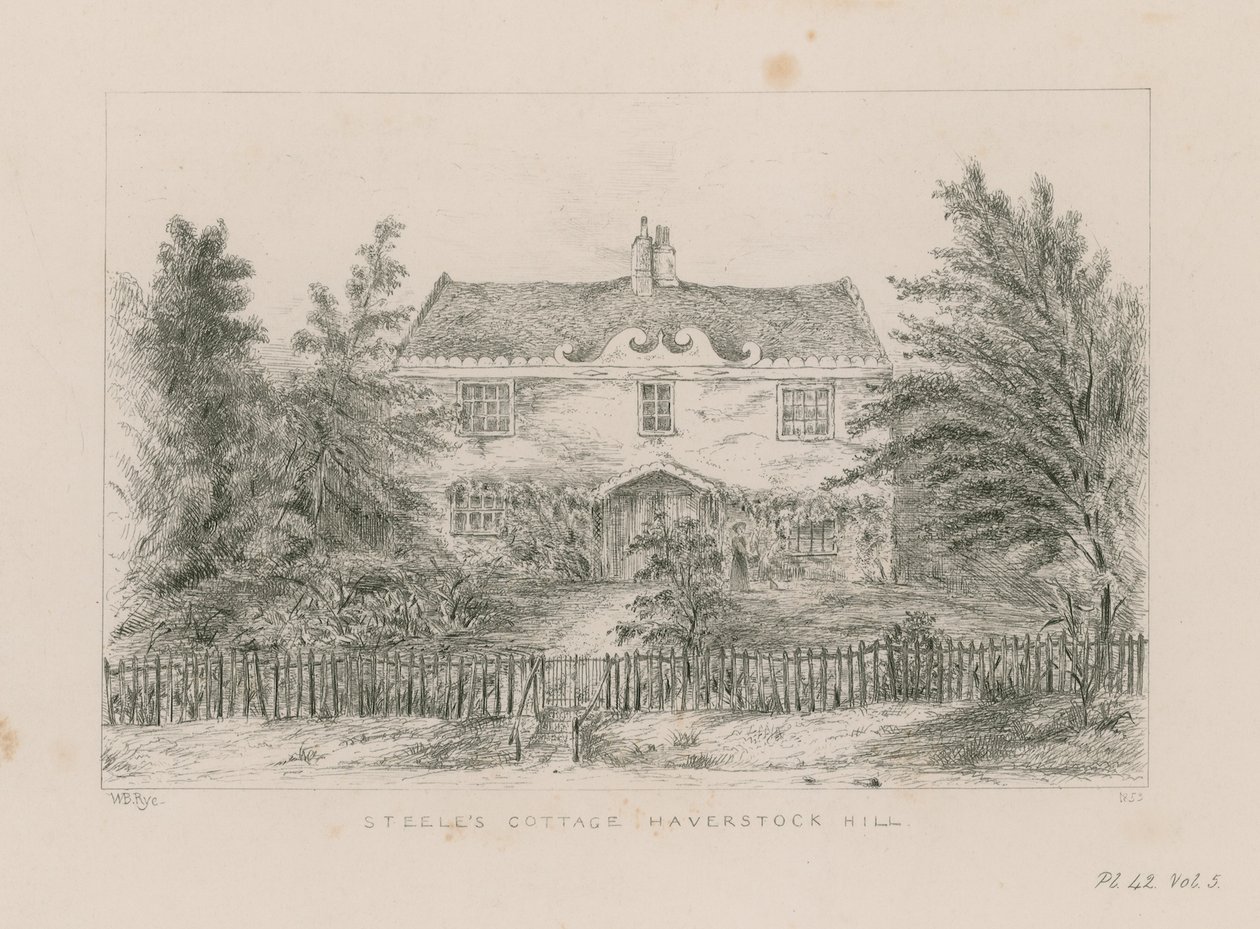 Sir Richard Steelen mökki, Haverstock Hill (kaiverrus). tekijältä English School