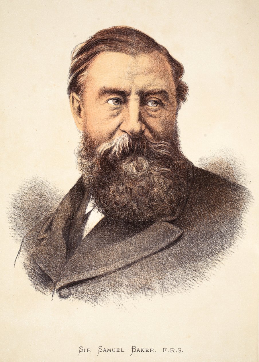 Sir Samuel Baker, kuvitus J. Ewing Richien David Livingstonen elämän ja löytöjen kuvapainoksesta, pub. kirjoittanut A. Fullarton & Co., 1876 tekijältä English School