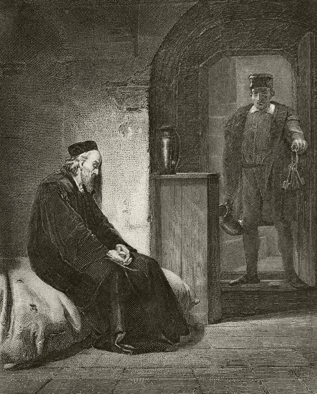 Sir Thomas More vankilassa, William Hickman Smith Aubreyn (1858-1916) "The National and Domestic History of England" -julkaisusta Lontoo, noin 1890 (litho) tekijältä English School