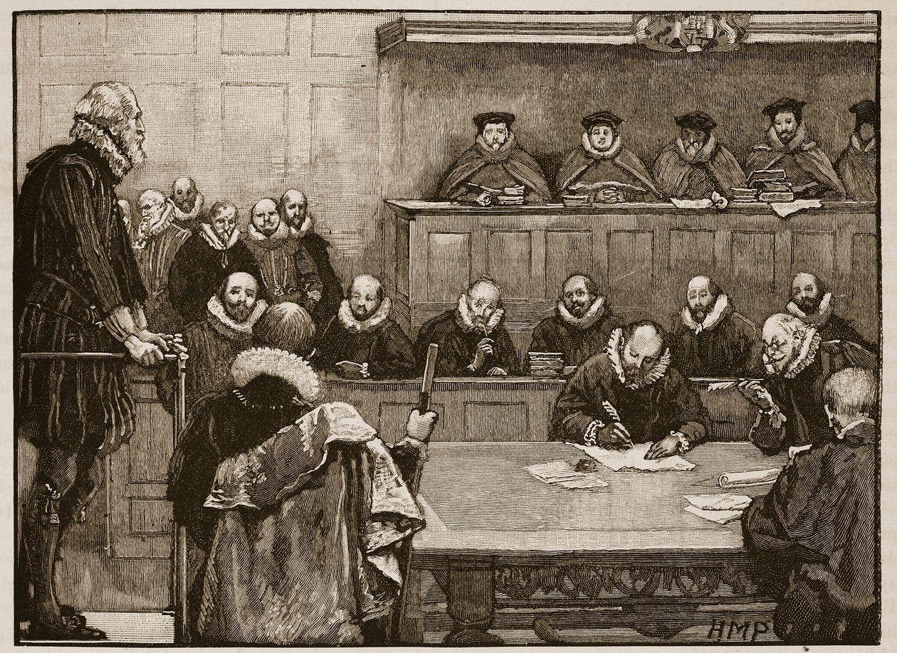 Sir Walter Raleigh tuomareiden edessä, kuvitus Cassells Illustrated History of Englandista (seepiakuva) tekijältä English School