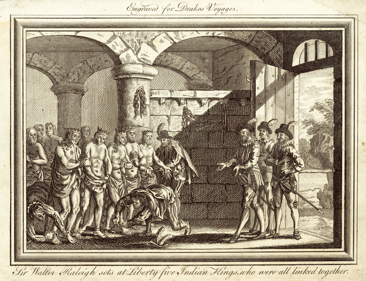 Sir Walter Raleigh vapauttaa viisi Intian kuningasta, jotka olivat kaikki sidoksissa toisiinsa (kaiverrus). tekijältä English School