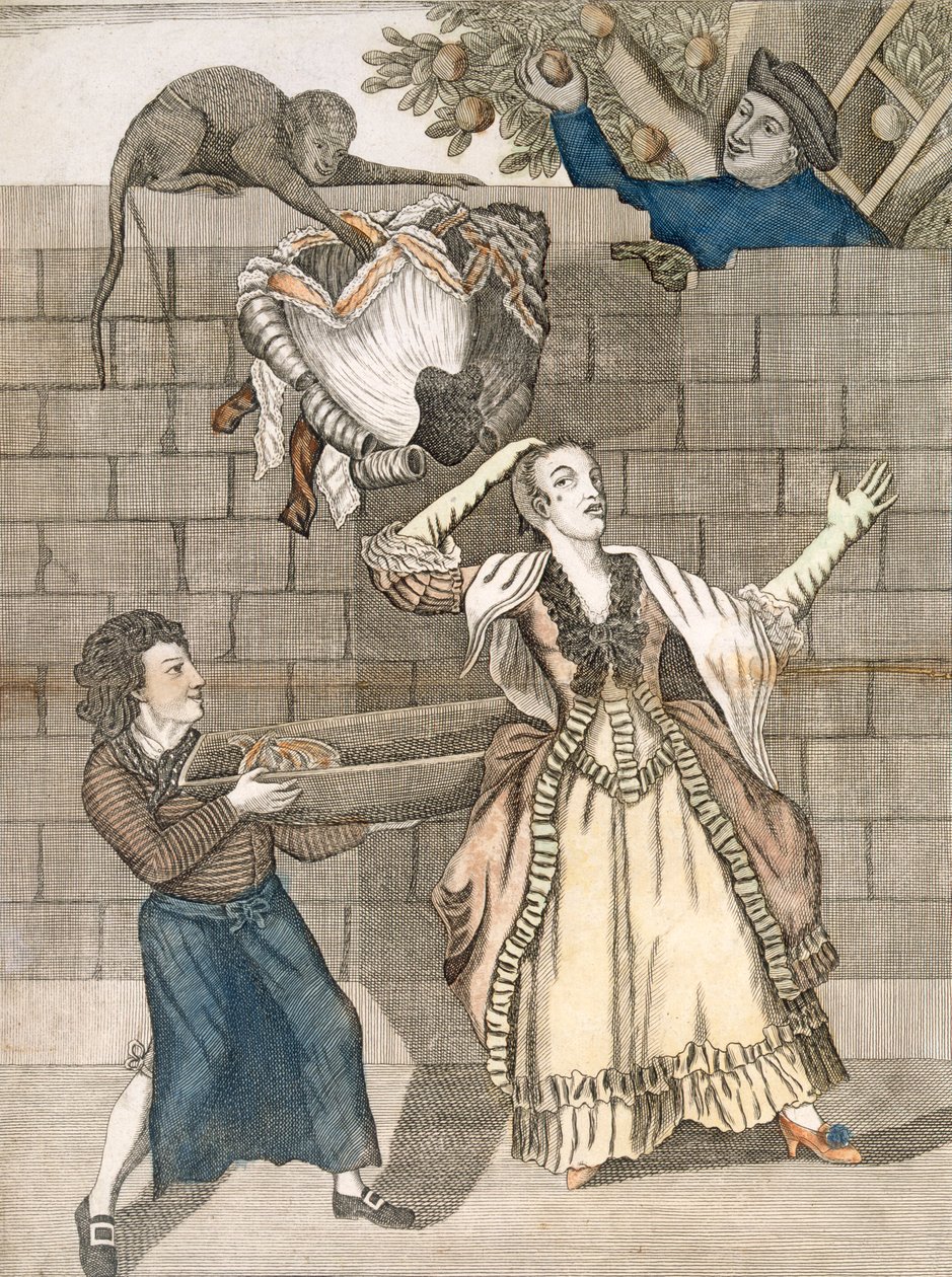Slight of Hand by a Monkey or the Ladys Head Unloaded, Grimmin alkuperäisestä piirroksesta, painettu Carington Bowlesille, Lontoolle, pubille. 1778 tekijältä English School