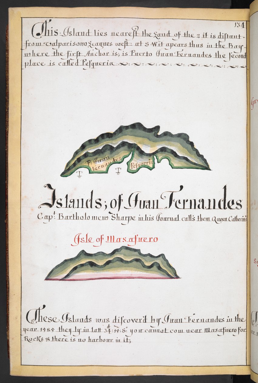 Sloane MS 44, f.269v, Juan Fernándezin kartta William Hackin South Sea Wagonerissa tekijältä English School