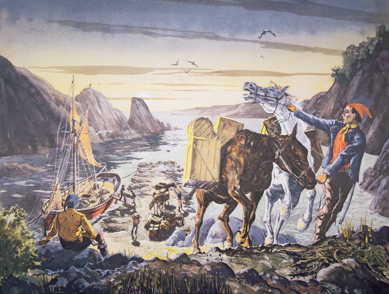 Salakuljettajat lastaamassa salakuljetusta poneilleen sisämaamatkaa varten (litho) tekijältä English School