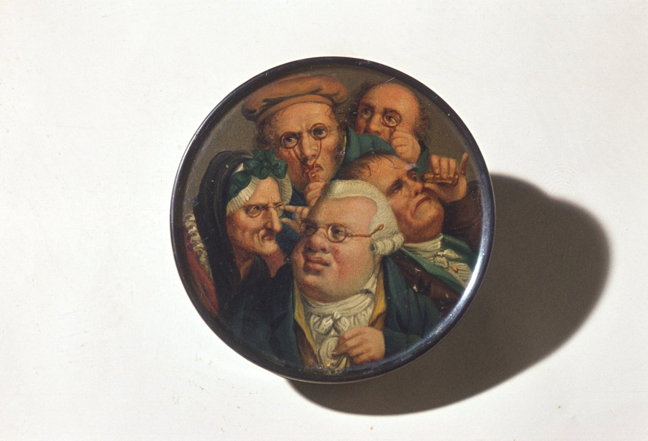 Nuuskalaatikko, käsin maalattu kohtaus erilaisista silmälaseista, 1800-luvun alku (paperimassa) tekijältä English School