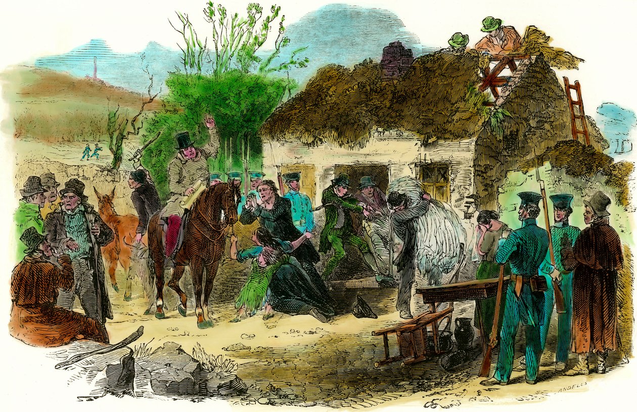 Irlannin sosiaaliset olosuhteet vuonna 1848, talonpoikien karkottaminen (kuva Lontoon uutiset 16. joulukuuta 1848) tekijältä English School