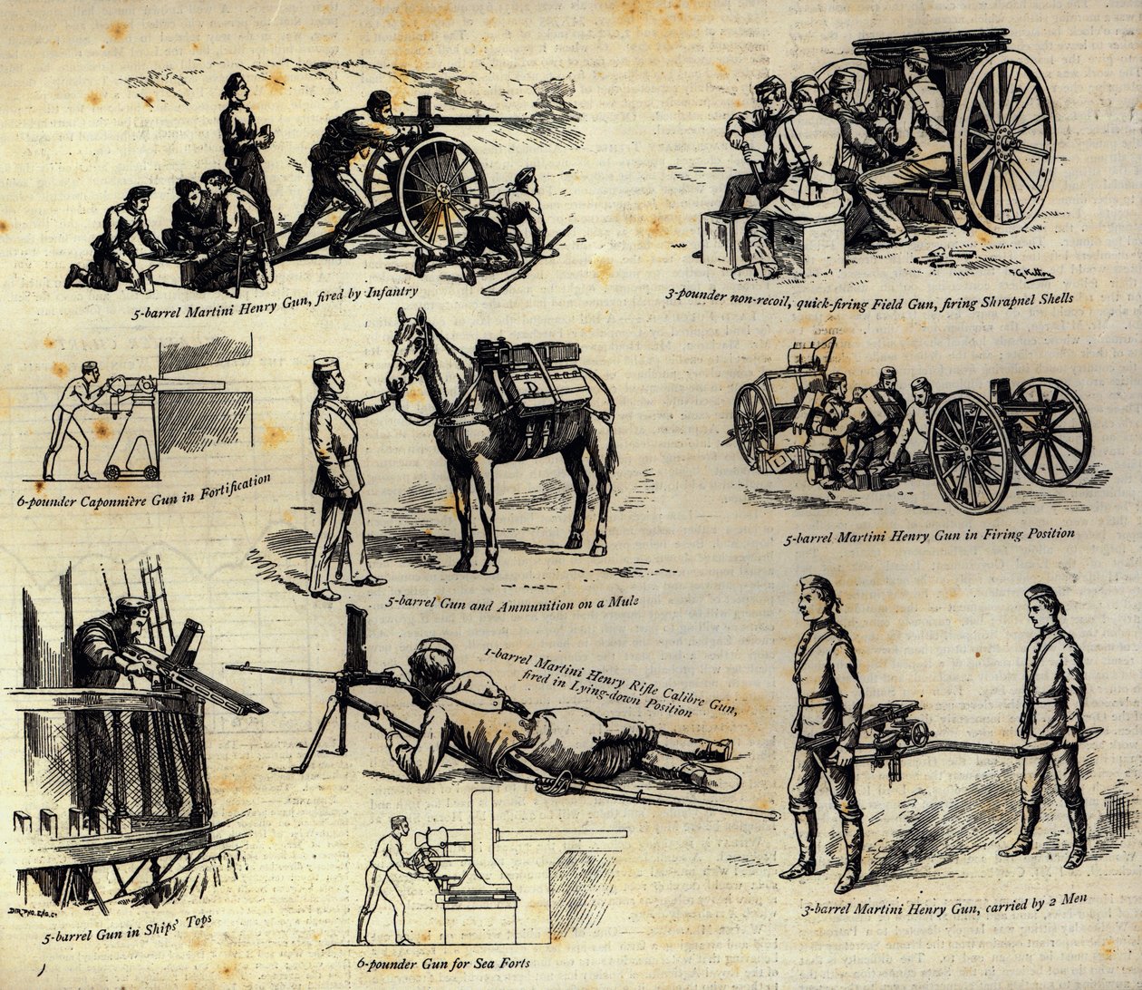 Jotkut Nordenfelt-aselajikkeet, joita nykyään käytetään armeijassa ja laivastossa, Graphicista, 10. huhtikuuta 1886 tekijältä English School