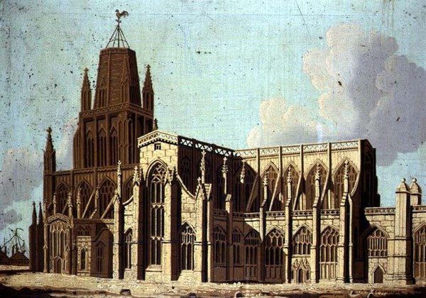 Kaakkoisnäkymä St. Mary Redcliffe -kirkolle Bristolissa, n. 1800 (öljy kankaalle) tekijältä English School