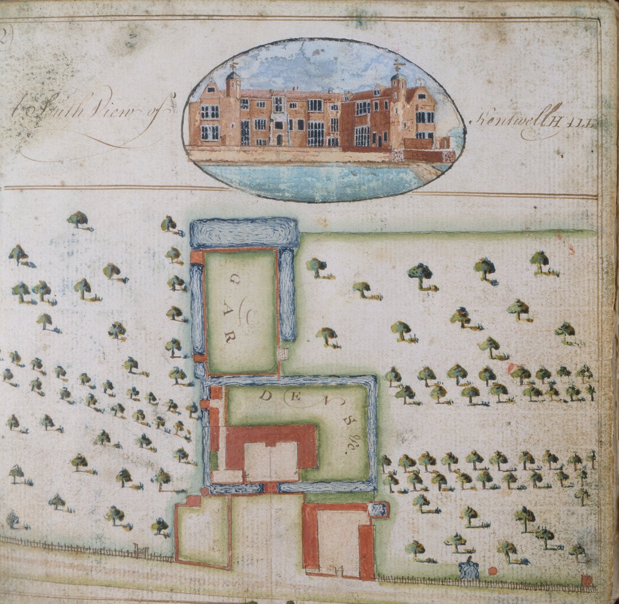 Kentwell Hallin eteläinen näkymä Richard Mooren kartanon tutkimuksesta, Esq. Kentwell Hall, Suffolk, 1777 (kynä ja muste ja guassi paperille) tekijältä English School