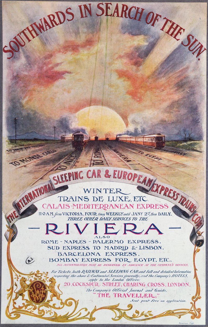 Etelään aurinkoon, juliste, joka mainostaa International Sleeping Car Train Companyn palveluita Ranskan Rivieralle, n. 1910 tekijältä English School