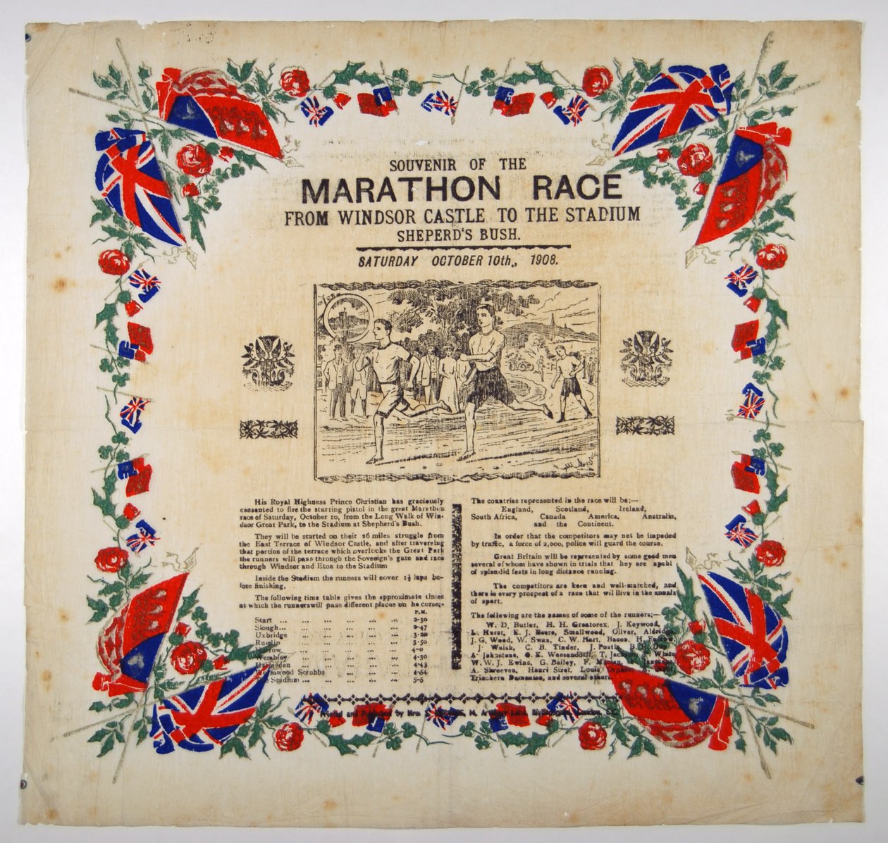 Matkamuisto Marathon Racesta Windsorin linnasta stadionille, Shepherds Bush, 1908 tekijältä English School