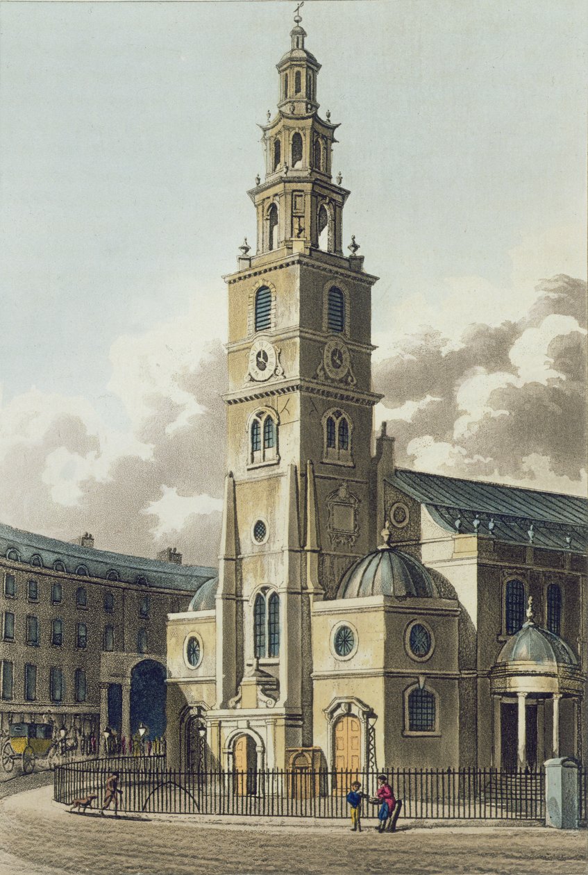 St. Clement Danesin kirkko, pubi. kirjoittanut Rudolph Ackermann (1764-1834) 1816 (akvatinta) tekijältä English School