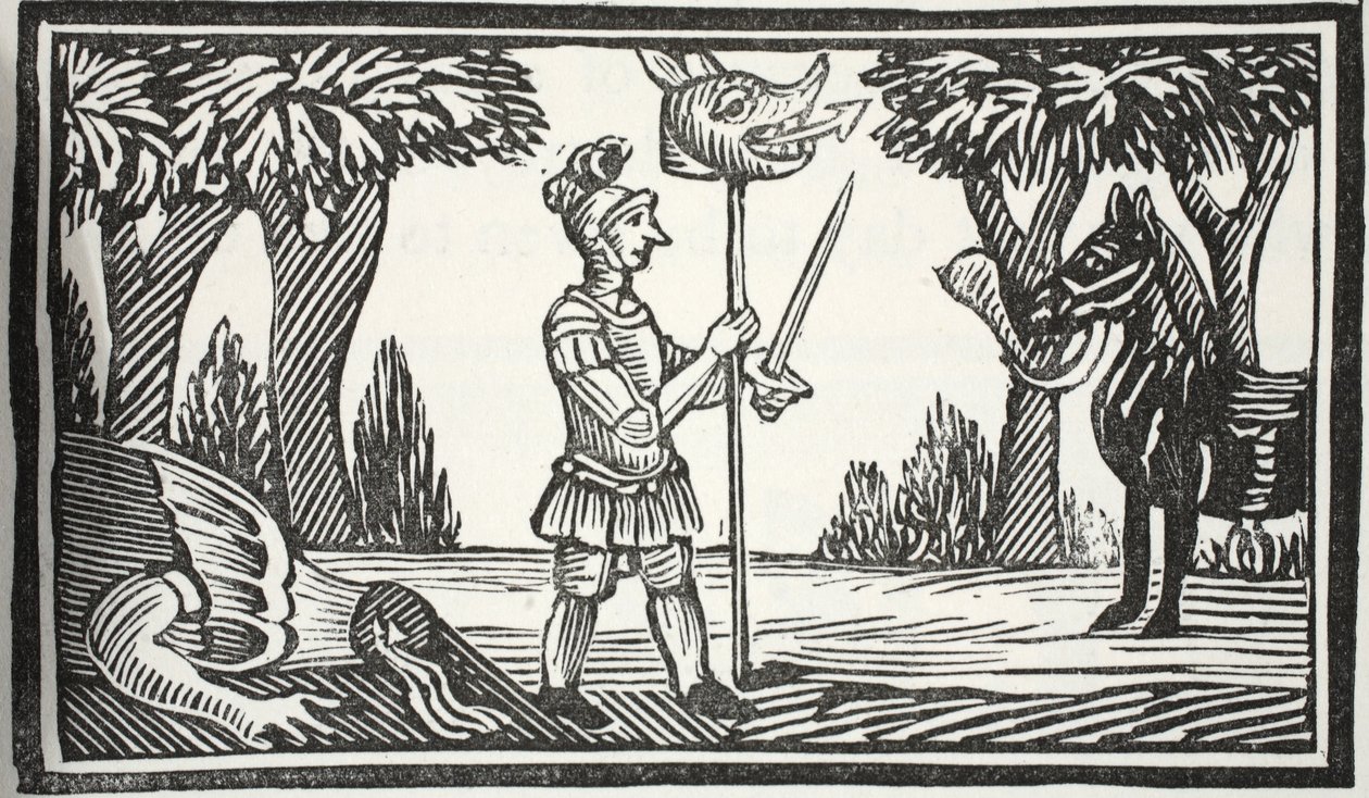 St George lohikäärmeiden pään kanssa, kuvitus John Ashtonin kirjasta Chap-books of the Eightenth Century, pubi. 1882 tekijältä English School