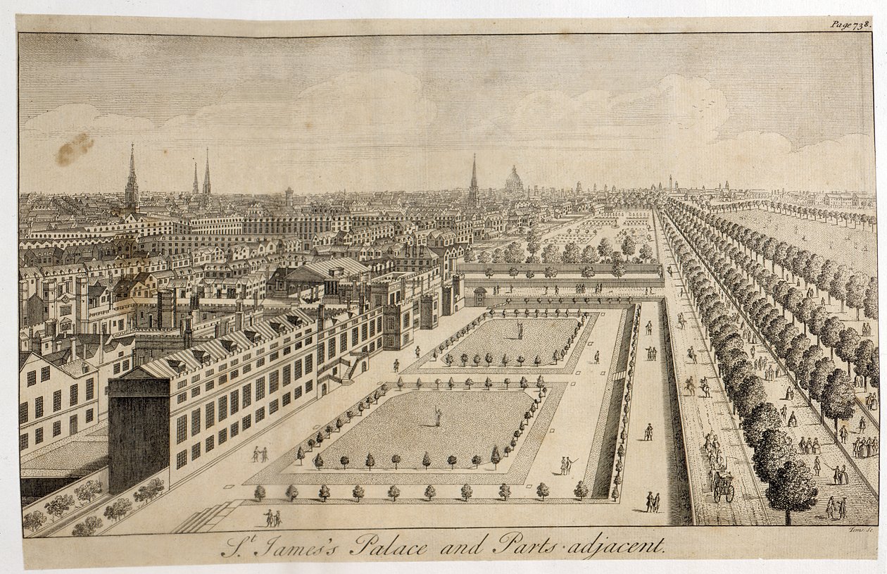 St. Jamesin palatsi ja sen vieressä olevat osat, kaiverrus William Henry Toms (n. 1700-50) tekijältä English School