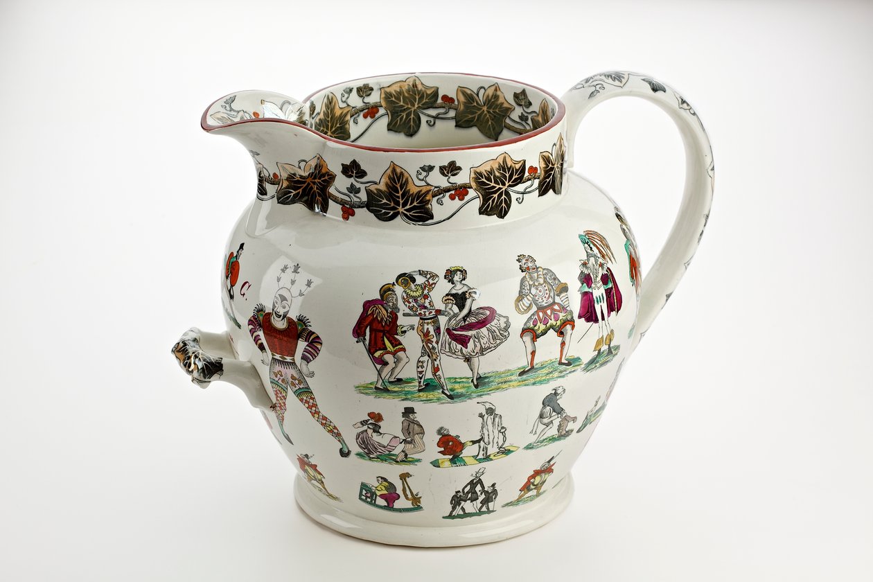 Staffordshire-kannu koristeltu harlekiinihahmoilla ja karnevaaliteemalla, 1866 (rautakivi posliini) tekijältä English School