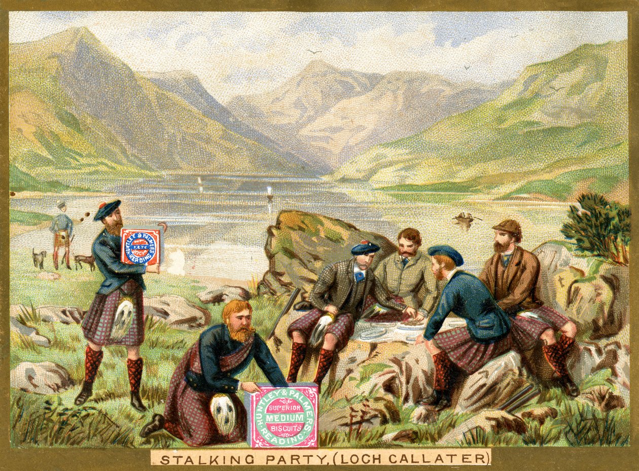 Stalking Party, Loch Callater, mainoskortti Huntley & Palmers Biscuitsille, n. 1890 (väri litho) tekijältä English School
