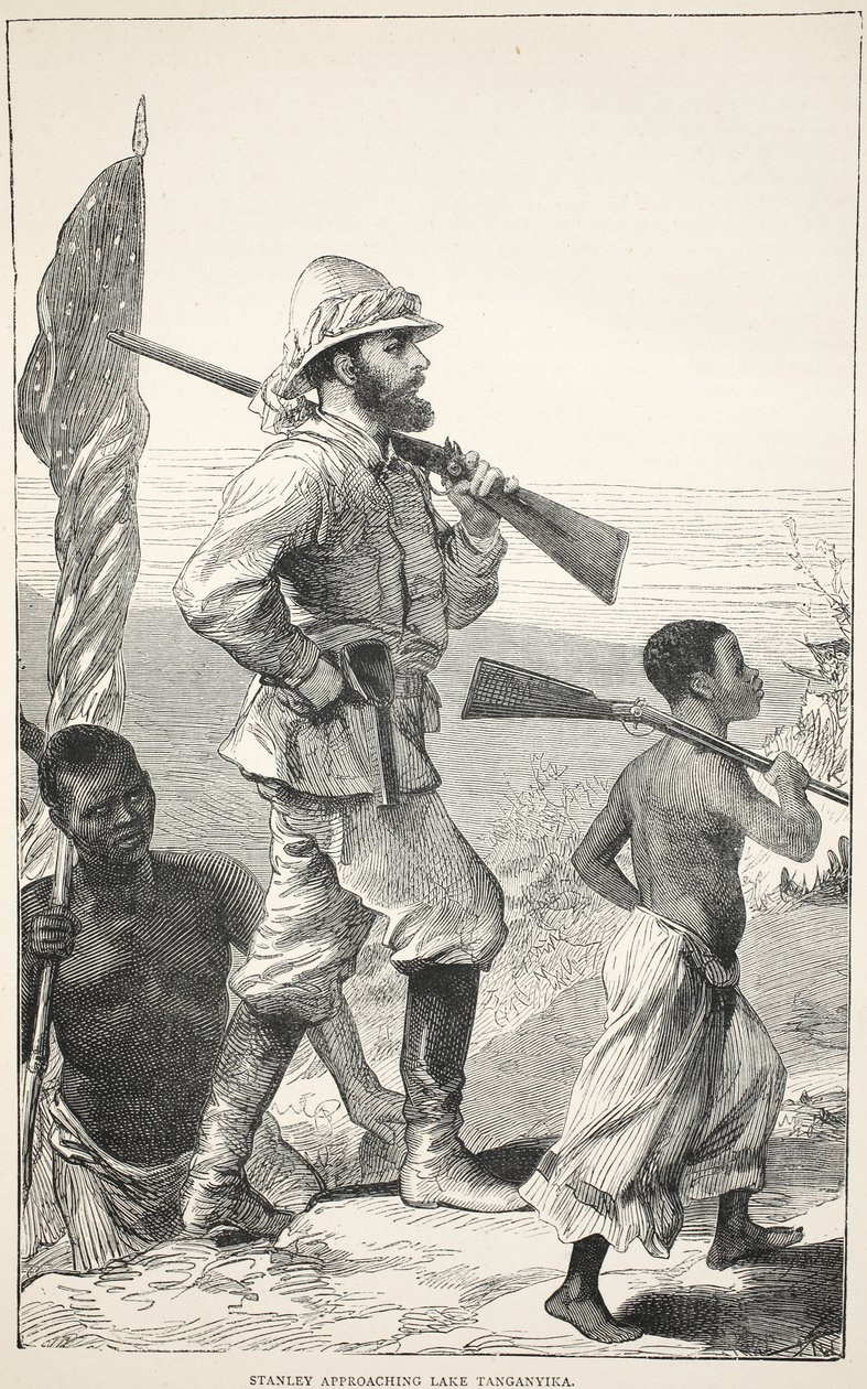 Stanley lähestyy Tanganyika-järveä, kuvitus J. Ewing Richien David Livingstonen elämän ja löytöjen kuvapainoksesta, pub. kirjoittanut A. Fullarton & Co., 1876 tekijältä English School