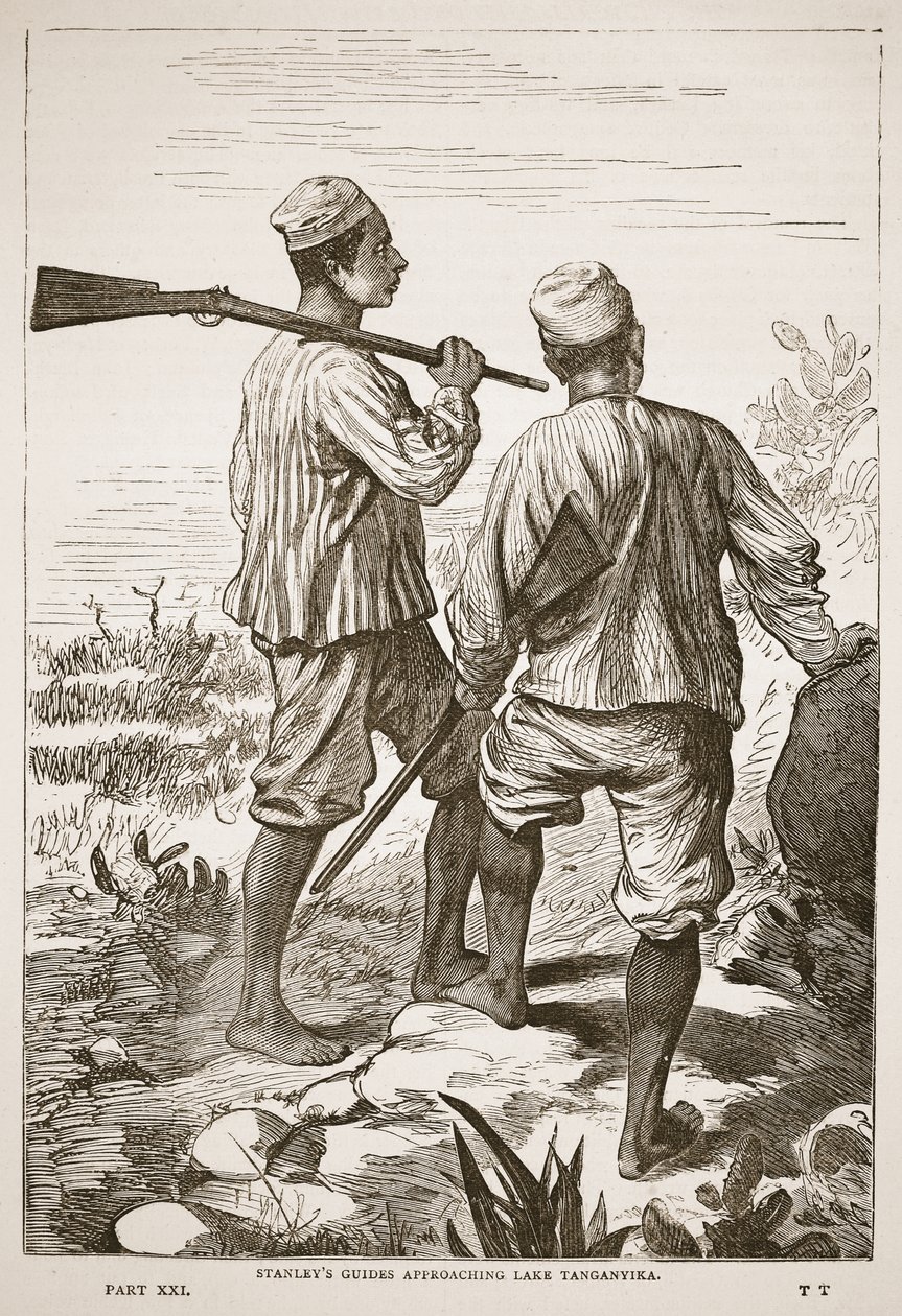 Stanleys opastaa lähestymässä Tanganyika-järveä, kuvitus J. Ewing Richien David Livingstonen elämän ja löytöjen kuvapainoksesta, pub. kirjoittanut A. Fullarton & Co., 1876 tekijältä English School