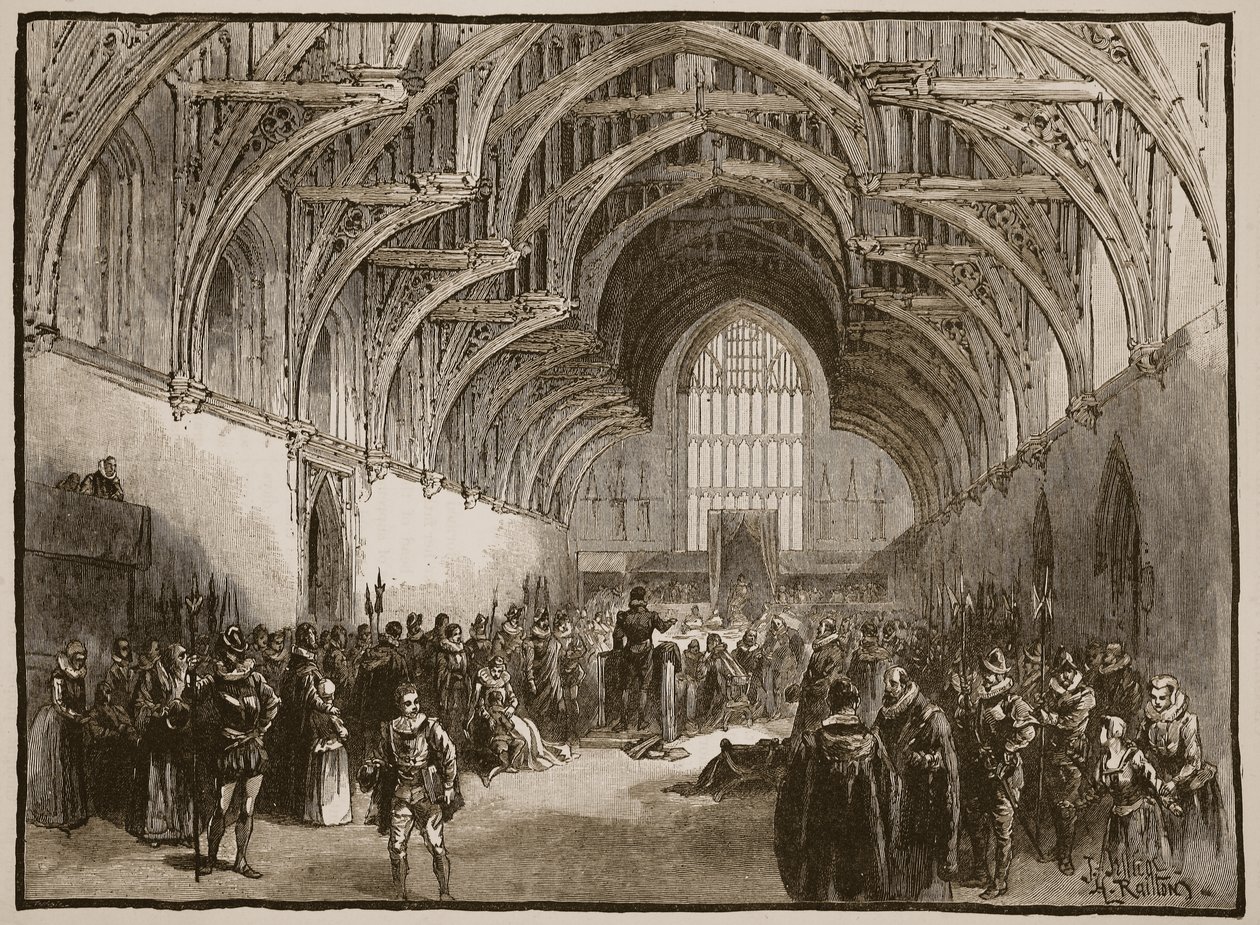 Valtion oikeudenkäynti Westminster Hallissa Elizabethin aikana, kuvitus Cassells Illustrated History of Englandista tekijältä English School