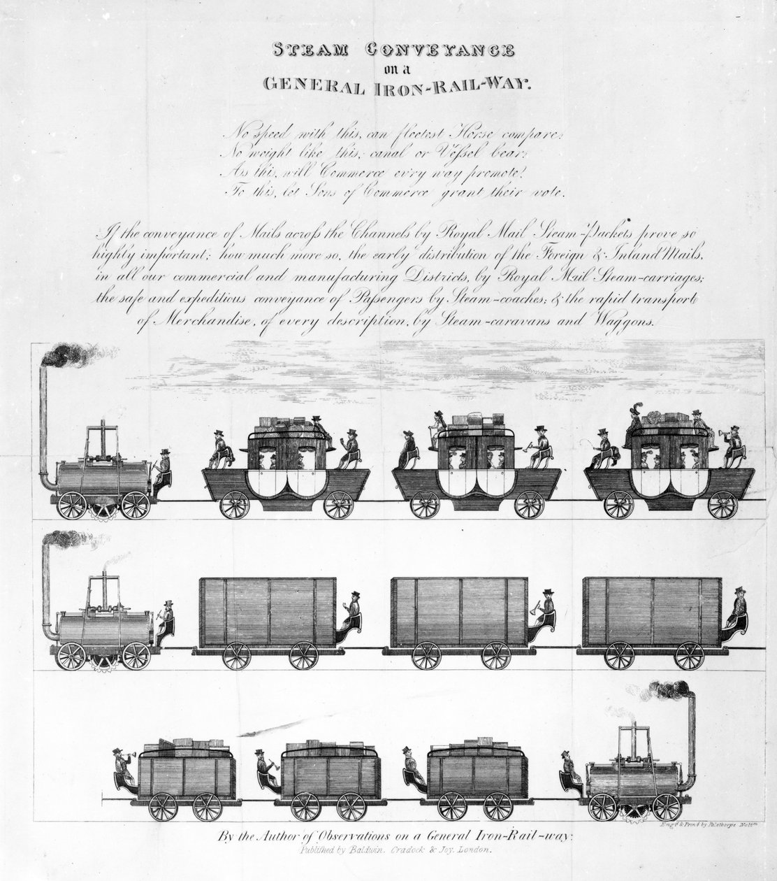 Höyrykuljetus yleisellä rautaradalla, 1825 (kaiverrus) tekijältä English School