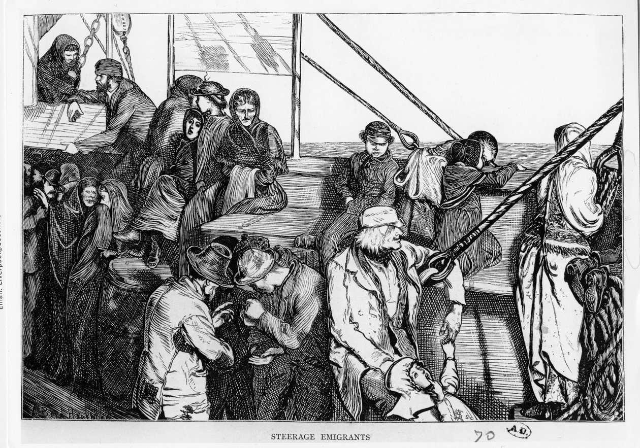Steerage Emigrants matkustaja-aluksen kannella Euroopasta uuteen maailmaan, n. 1870 tekijältä English School