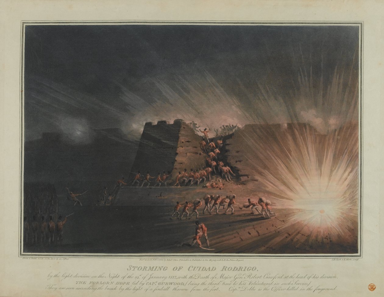 Light-divisioonan hyökkäys Ciudad Rodrigoon yöllä 19. tammikuuta 1812, kaiverrettu J.H. Clark ja H. Merke, julkaistu helmikuussa 1815 (värillinen akvatinta) tekijältä English School