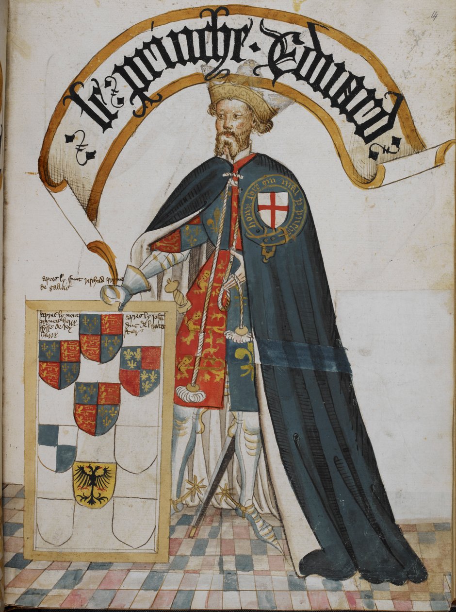 Stowe 594, f.14 Muotokuva Edwardista, Walesin prinssistä [musta prinssistä], sukkanauharitarikunnan perustajasta, "Sukkanauharitarikunnan kuvakirjasta" (William Brugen sukkanauhakirja) c .1430-40 (vellum) tekijältä English School