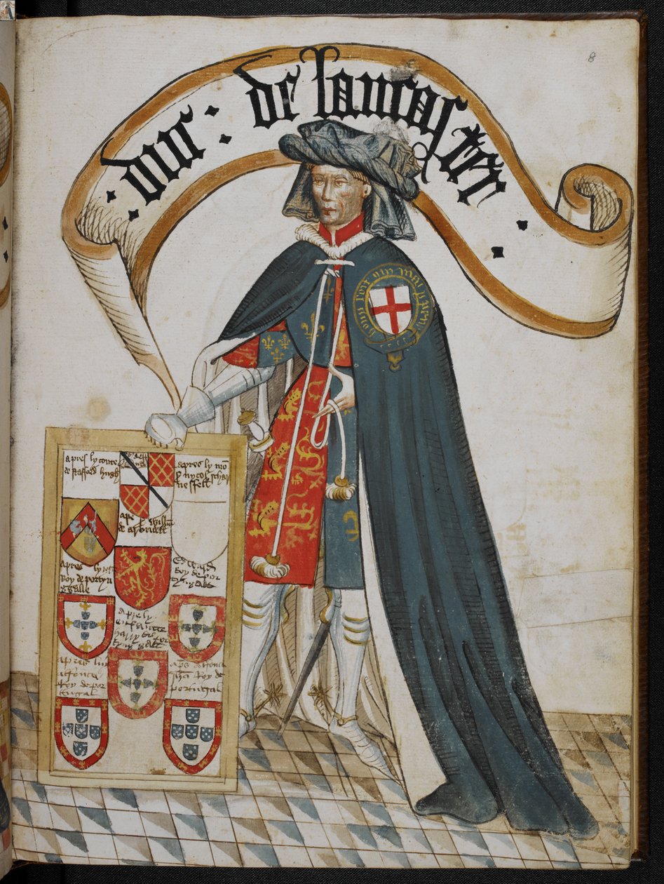 Stowe 594 f.8, Henryn muotokuva, Lancasterin herttua, sukkanauharitarikunnan perustaja, kuvitus "William Bruges