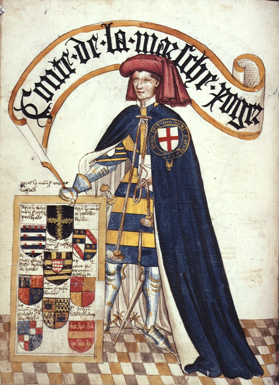Stowe 594 fol.15v Roger Mortimer (1328-1360) maaliskuun 2. jaarli sukkanauhavaatteissa, julkaisusta "William Bruges