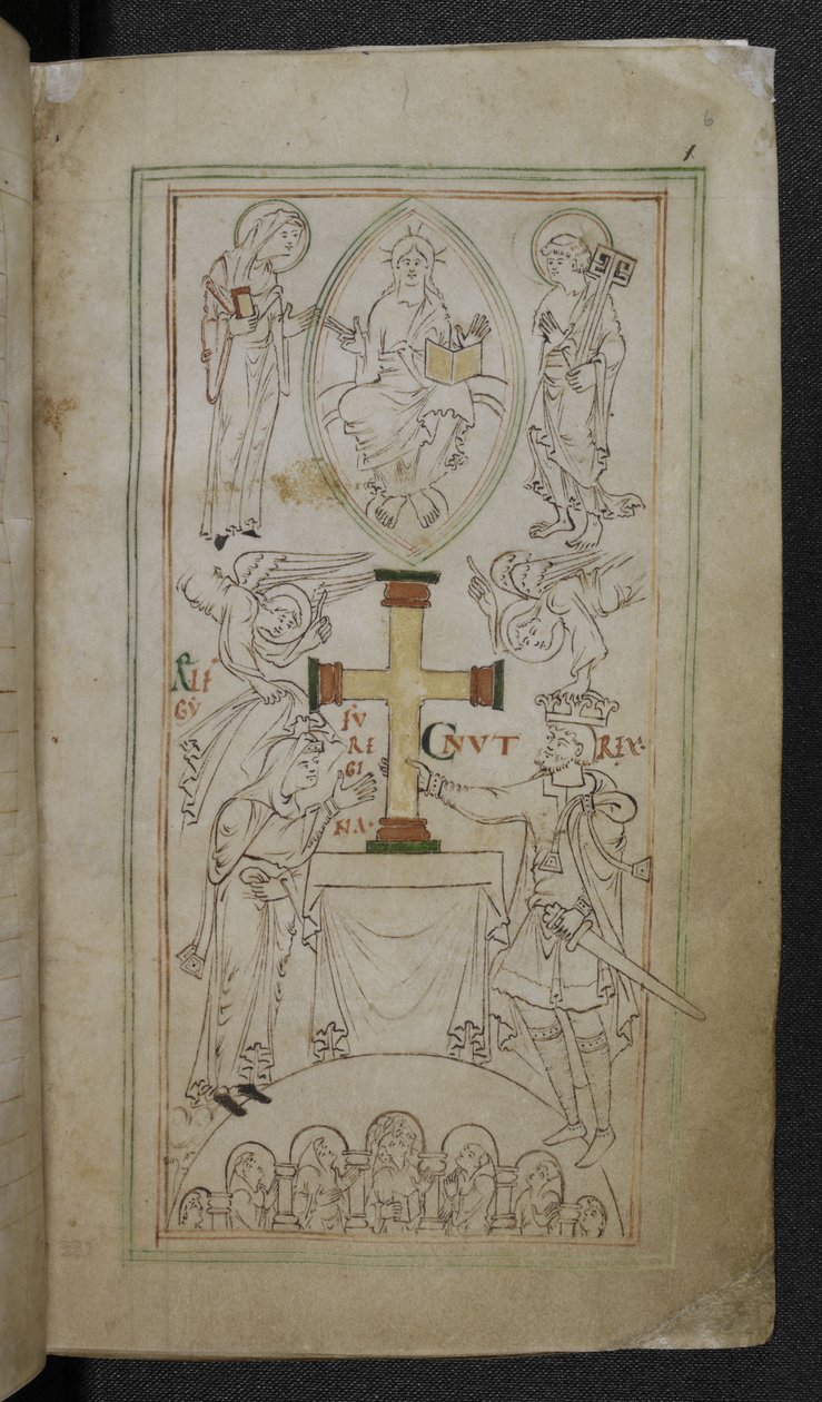Stowe 944 f.6 Kuningas Cnut ja hänen kuningattarensa Aelfgyfu esittelevät ristiä Uuden Minsterin alttarilla, 