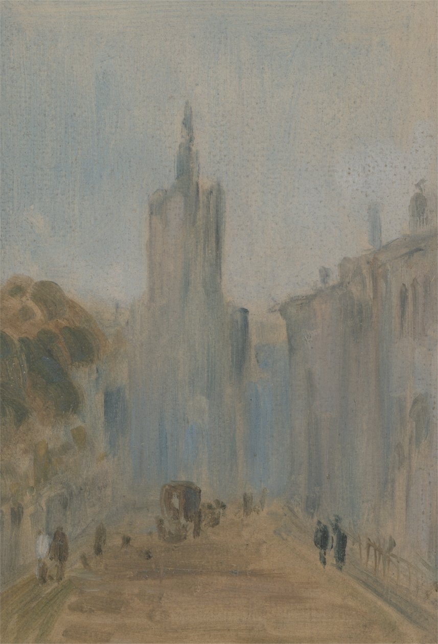 Katu, jossa on kirkko ja hahmoja, jotka on aiemmin liitetty J.M.W. Turner (1775-1851) ja myös Peter de Wint (1784-1849), 1822-25 (öljy paperille) tekijältä English School