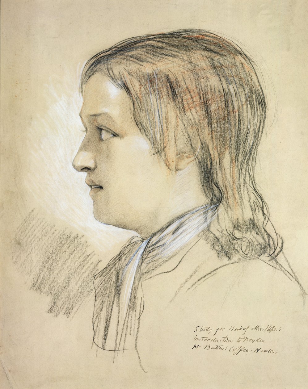 Tutkimus Alex Popen (1688-1744) päällikölle Drydenin esittely Butlers Coffee Housessa (kynä, liitu ja puuhiili paperilla) tekijältä English School