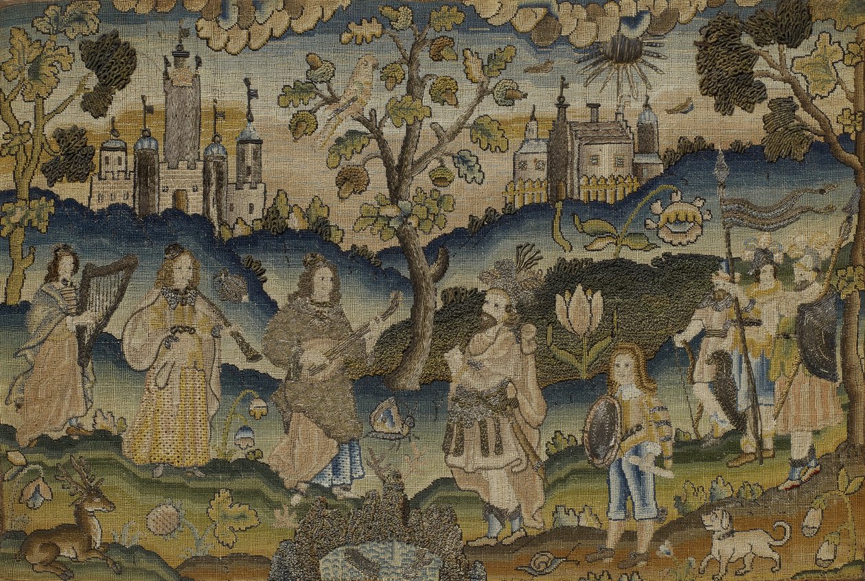 Kantotyö, jossa on viiden muusikon kohtaus puutarhassa puun kanssa, 1600-luvun puoliväli (kangas) tekijältä English School