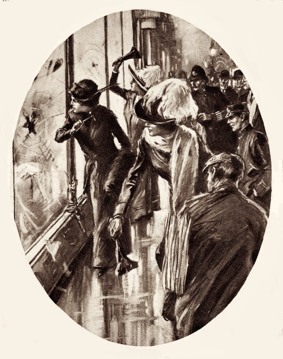 Suffragettien piirros, jossa naiset rikkovat näyteikkunoita Lontoossa maaliskuussa 1912 (kaiverrus). tekijältä English School