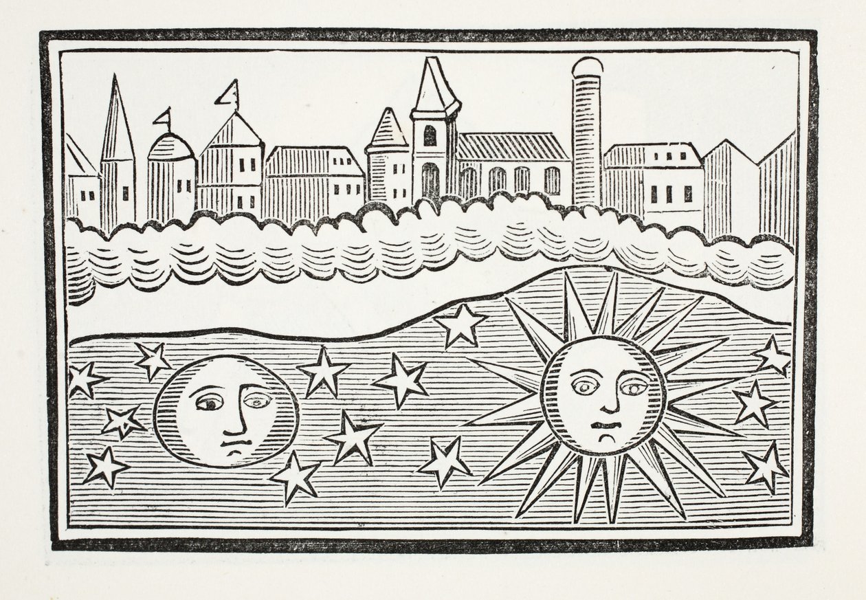 Aurinko, kuu, tähdet ja maa siirrettynä, kuvitus John Ashtonin kirjasta Chap-books of the Eightenth Century, pub. 1882 tekijältä English School