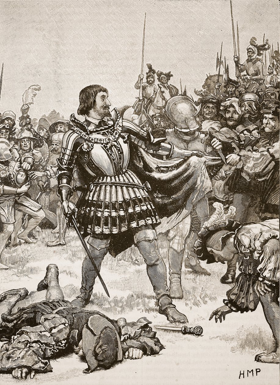 Franciscuksen antautuminen Pavian taistelukentällä, kuvitus Cassells Illustrated History of Englandista (seepiakuva) tekijältä English School