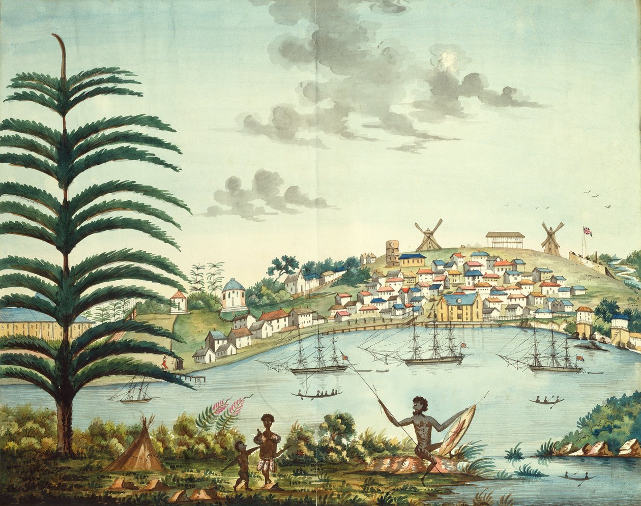 Sydney Cove and Town, n. 1806 (akvarelli) tekijältä English School