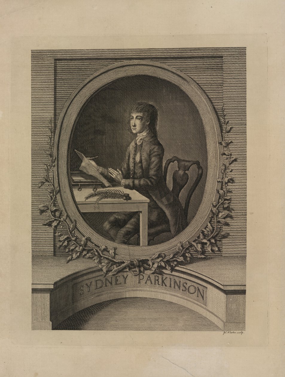 Sydney Parkinson, etukappale julkaisusta "A Journal of a Voyage to the South Seas, Hänen Majesteettinsa aluksessa, Endeavour (kapteeni James Cookin komennossa)" 1773 (kaiverrus) tekijältä English School