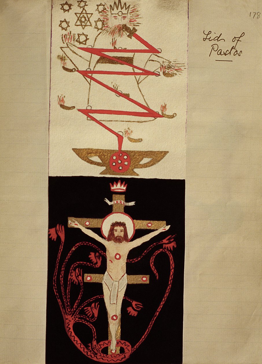 Symbolisia kuvioita Adepttien holvin Pastos-kannen kannessa, n. 1895 (värillinen muste paperille) tekijältä English School