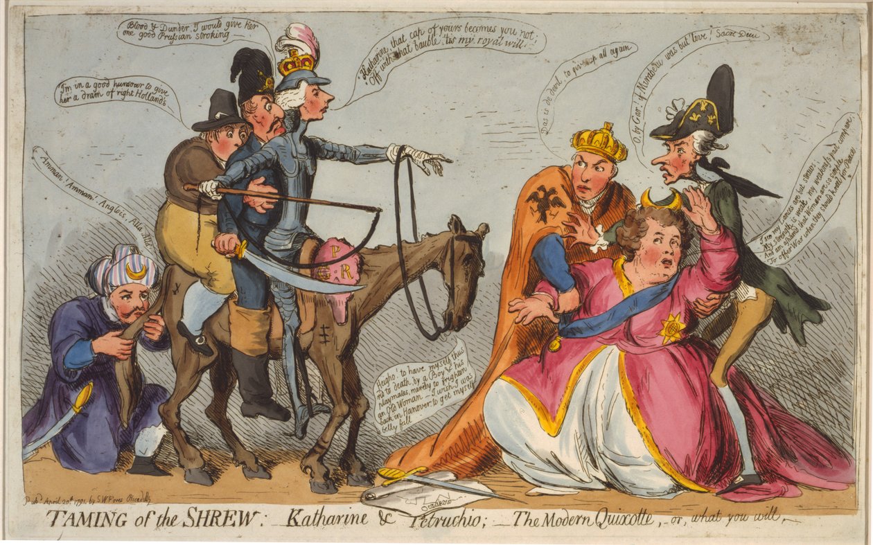 Päihteen kesyttäminen: Katharine ja Petruchio; Moderni Quijote, tai mitä haluat, 1791 (käsinvärinen etsaus) tekijältä English School