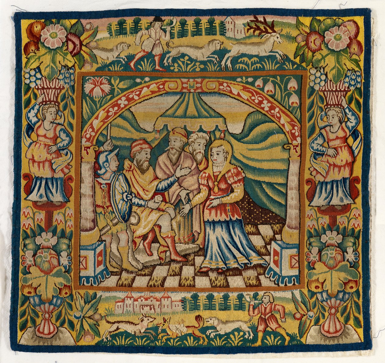 Tapestry tyynynpäällinen, joka kuvaa Susannah ennen tuomaria (yksi kuudesta Sheldon Tapestries -sarjasta, koostuen 47,9-47,14), valmistettu Sheldonissa, Englannissa, jos se on aito tekijältä English School