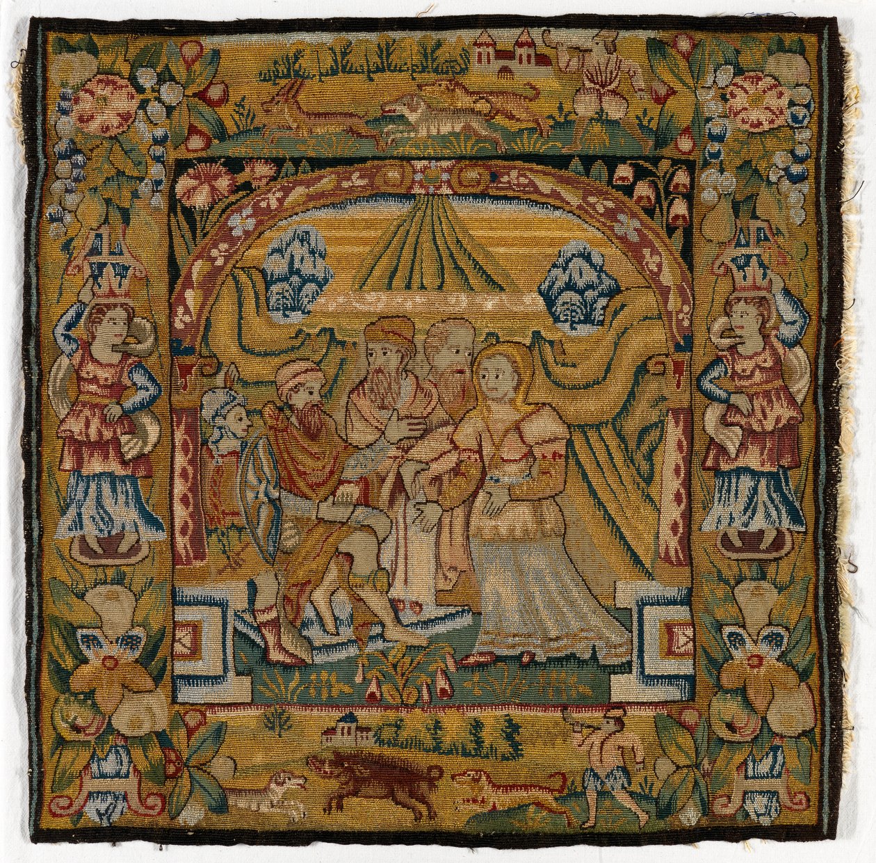 Tapettityynynpäällinen, joka kuvaa Susannah ennen tuomaria, valmistettu Sheldonissa, Englannissa, vuoden 1600 jälkeen (villa) tekijältä English School