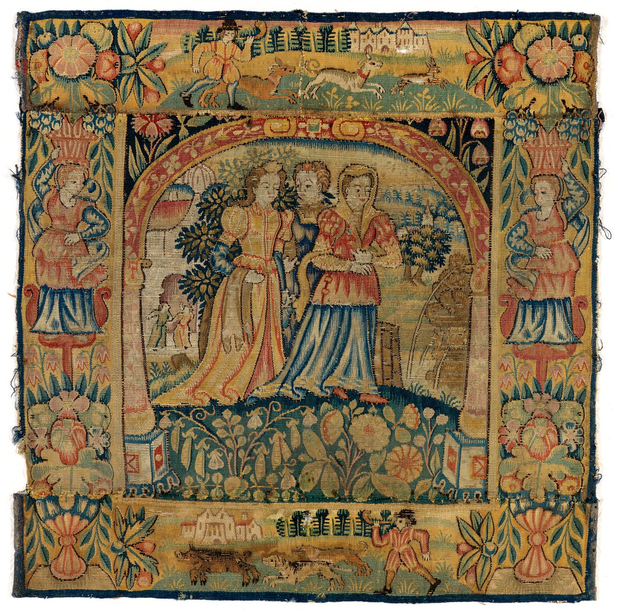 Kuvakudostyynynpäällinen, joka kuvaa Susannan matkalla kylpyyn, valmistettu Sheldonissa, Englannissa, vuoden 1600 jälkeen (villa) tekijältä English School